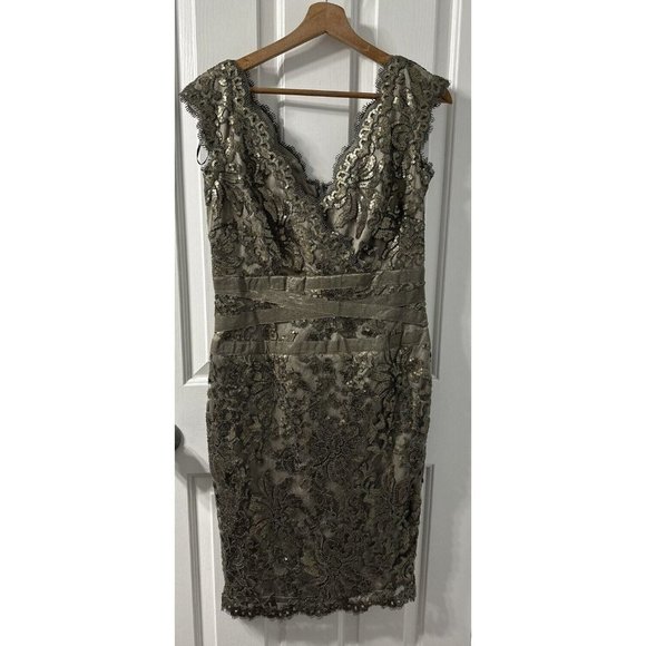 Tadashi Shoji Sequined Lace Smoked Pearl Grey Bronze Waist Detail Dress 8 Formal - Picture 8 of 9